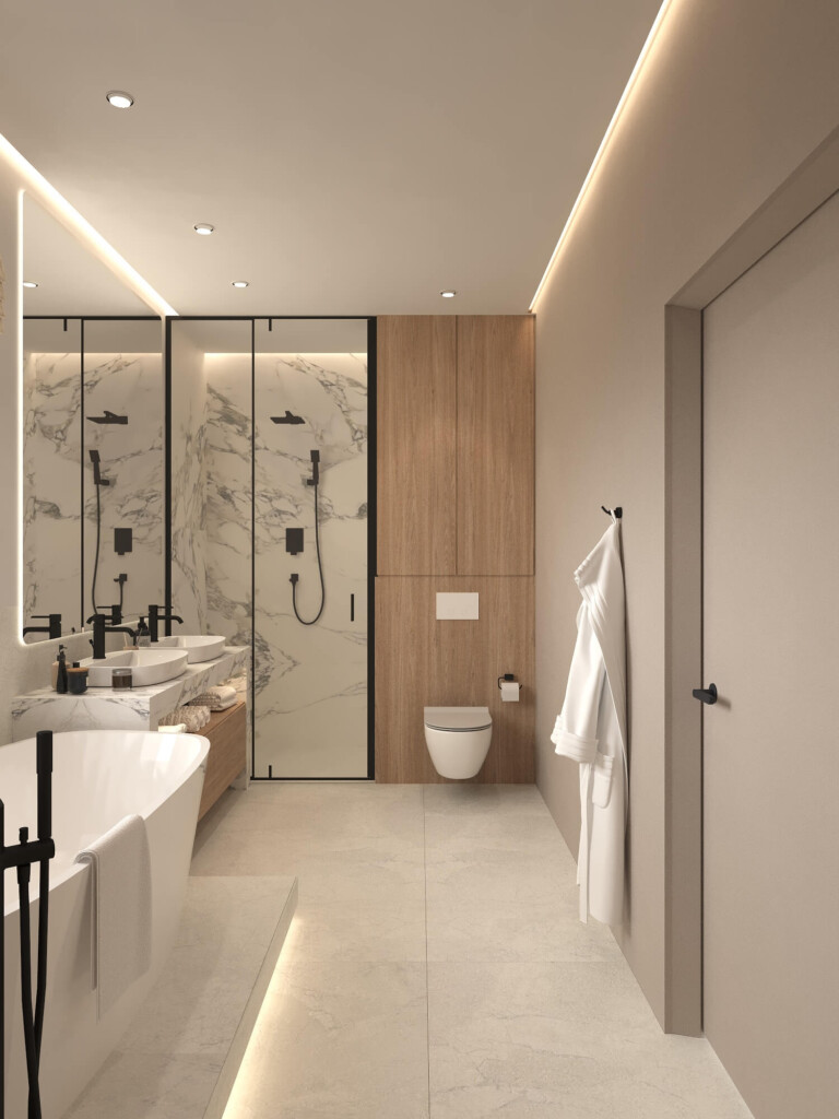 Projekt łazienki 8m2 z prysznicem walk-in i wiszącym WC