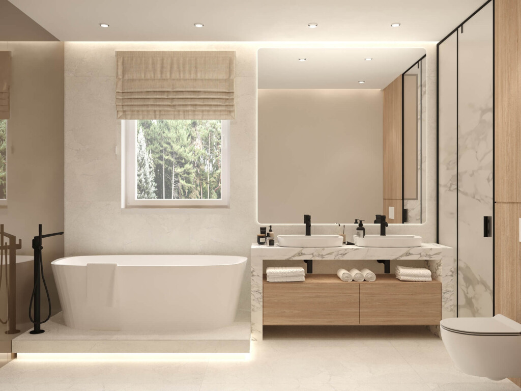 Projekt łazienki 8m2 z wanną wolnostojącą i dwiema umywalkami