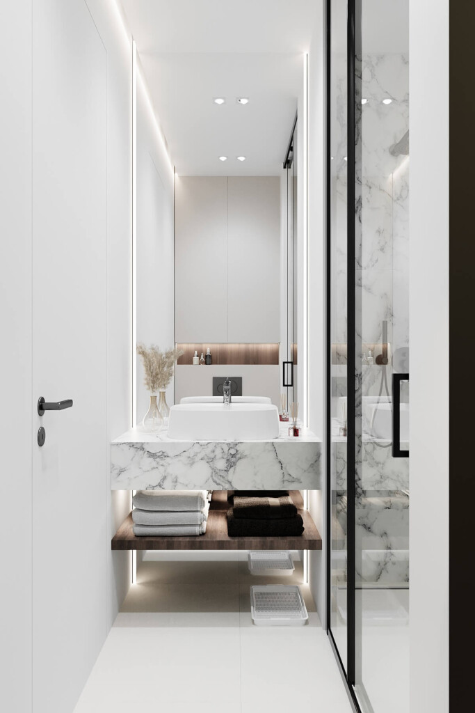 Projekt łazienki 4m2 w bloku z jasnym marmurowym blatem i otwartą półką na ręczniki