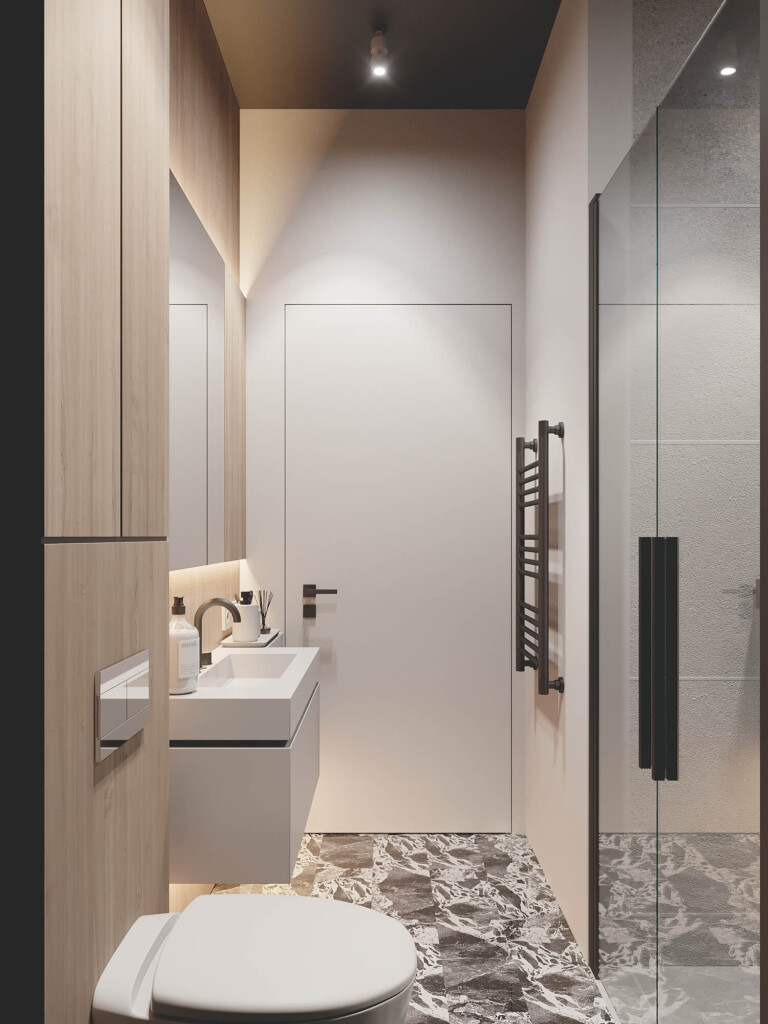 Projekt łazienki 4m2 w bloku z prysznicem i wiszącą szafką pod umywalką