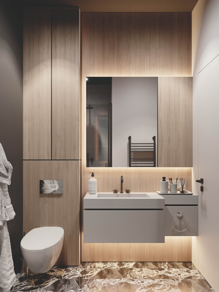 Projekt łazienki 4m2 w bloku z wiszącą szafką i zabudową w drewnie