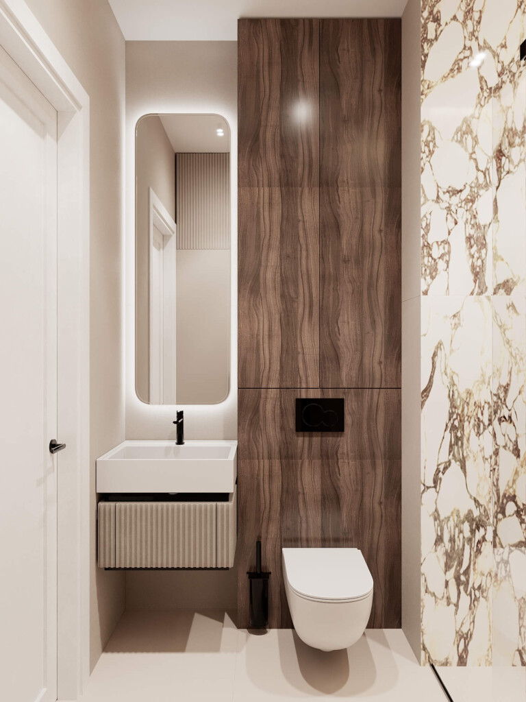 Nowoczesny projekt łazienki 5m2 z wiszącą szafką pod umywalką, ścianą w dekorze drewna i marmurową zabudową prysznica