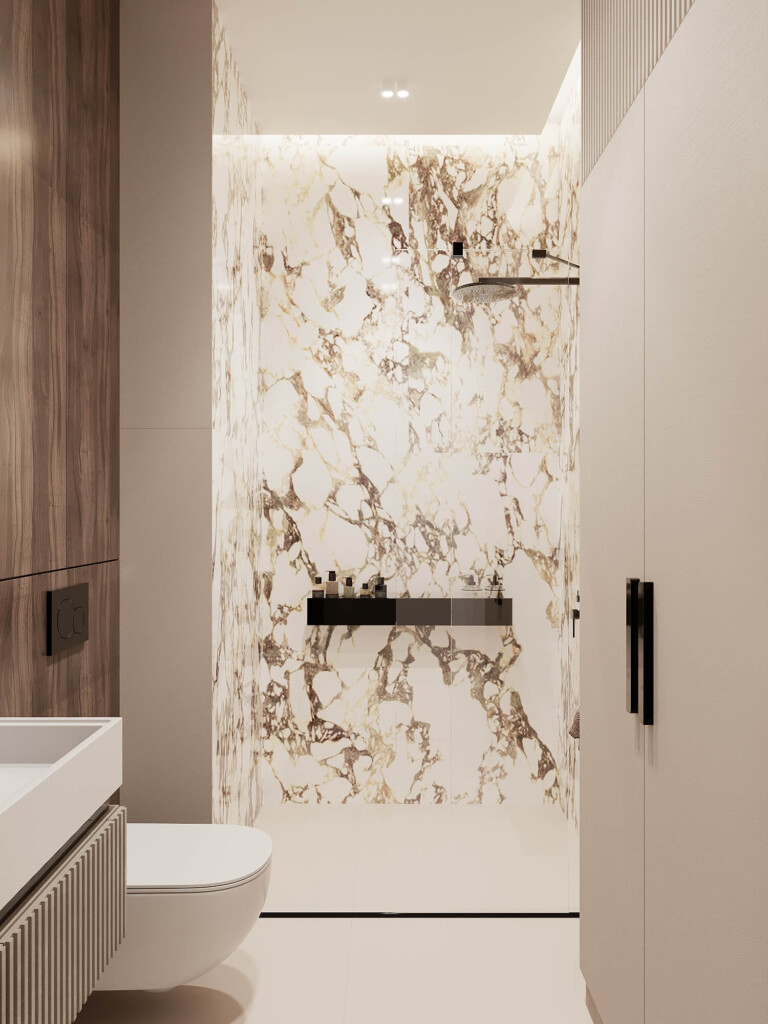 Mała łazienka 5m2 z prysznicem walk-in, dużymi płytami imitującymi marmur i wysoką zabudową z szafą do przechowywania