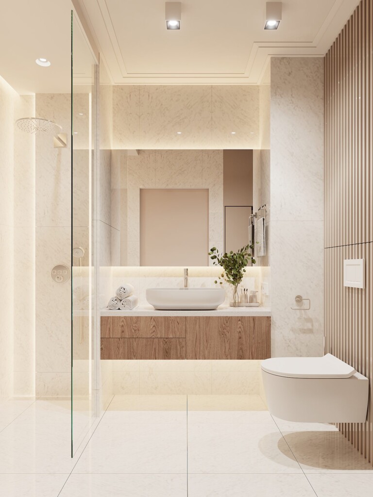 Projekt łazienki 6m2 z pojemną szafką pod umywalką, wiszącym WC i pionową lamelową zabudową na ścianie