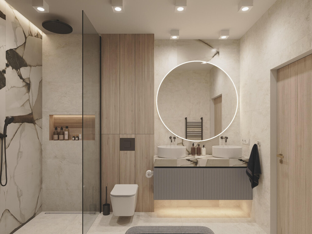 Nowoczesny projekt łazienki 6m2 z prysznicem walk-in, podświetlaną wnęką na kosmetyki i szeroką szafką z dwiema okrągłymi umywalkami