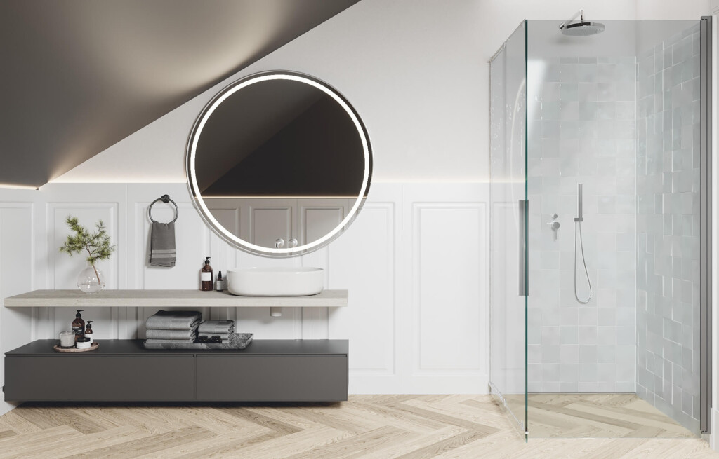 Projekt łazienki na poddaszu z prysznicem i umywalką