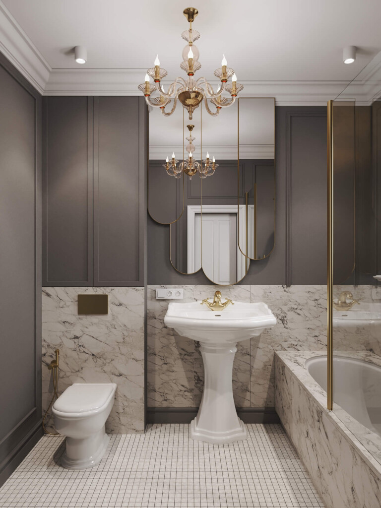 Projekt łazienki z oknem w stylu klasycznym z umywalką na postumencie i wanną