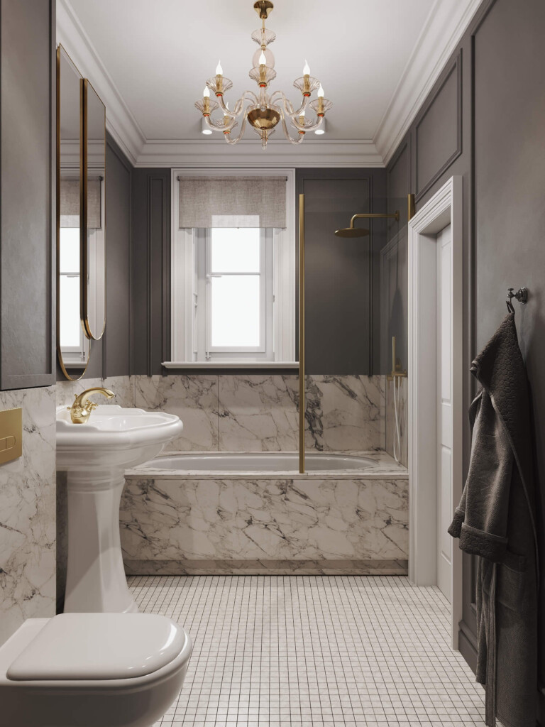 Projekt łazienki z oknem i wanną z parawanem prysznicowym