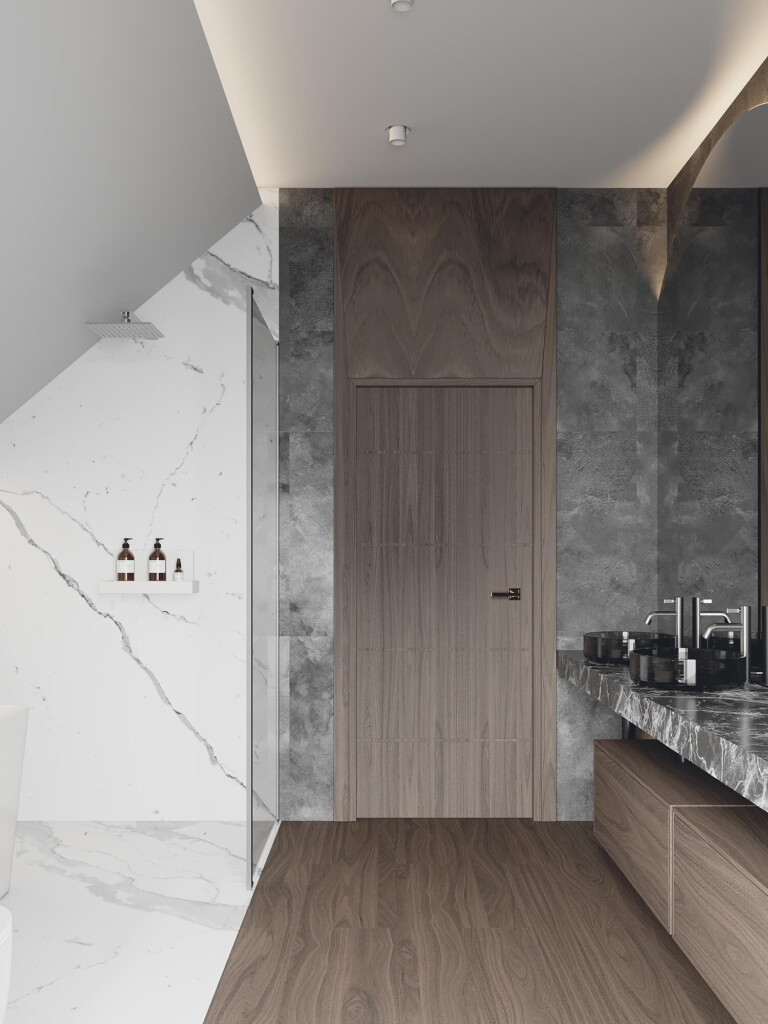 Projekt łazienki ze skosem z prysznicem i długim blatem z umywalką