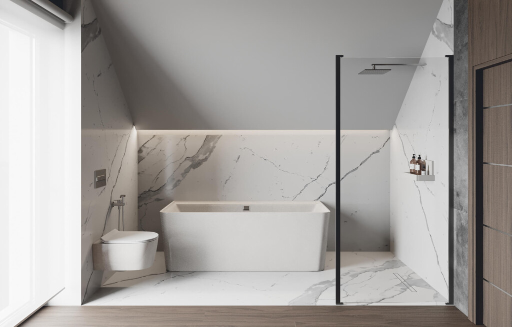 Projekt łazienki ze skosem z wanną wolnostojącą i prysznicem