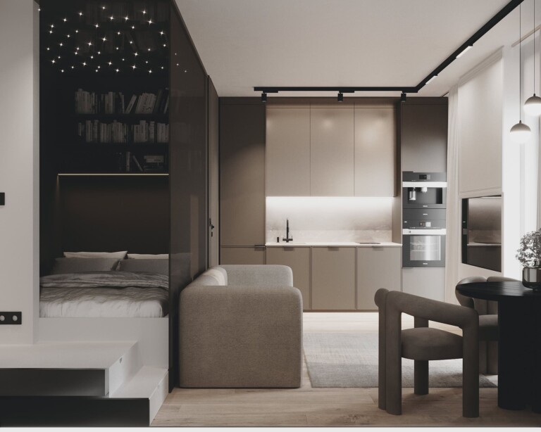 Projektowanie wnętrz Bydgoszcz – funkcjonalna kawalerka 30m2 z wydzieloną sypialnią