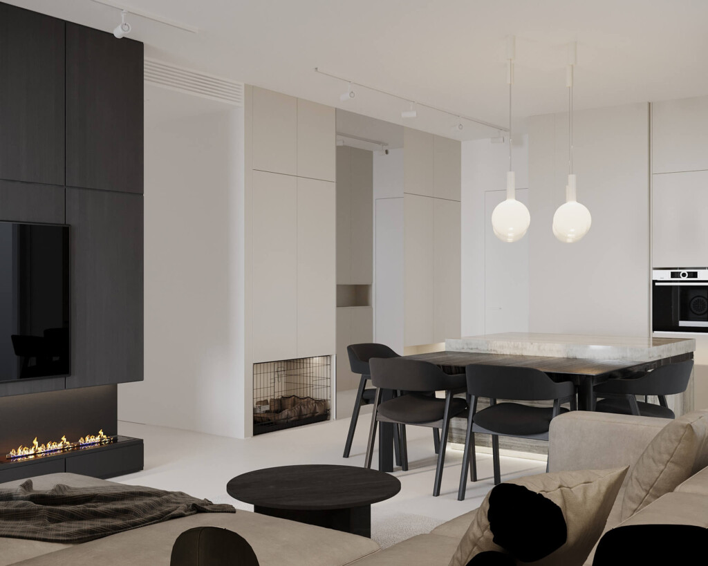 Projekt wnętrz autorstwa architektów wnętrz z Radomia przedstawiający jasny salon z kuchnią i jadalnią, z ciemnym drewnianym stołem, czarnymi krzesłami i minimalistyczną zabudową.