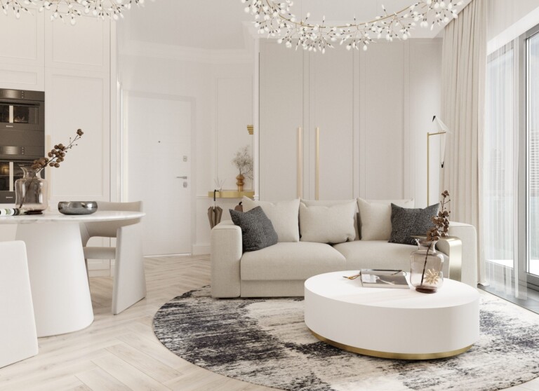 Jasny salon z jadalnią zaprojektowany w nowoczesnym stylu, będący przykładem projektowanie wnętrz Radom w eleganckim wydaniu.