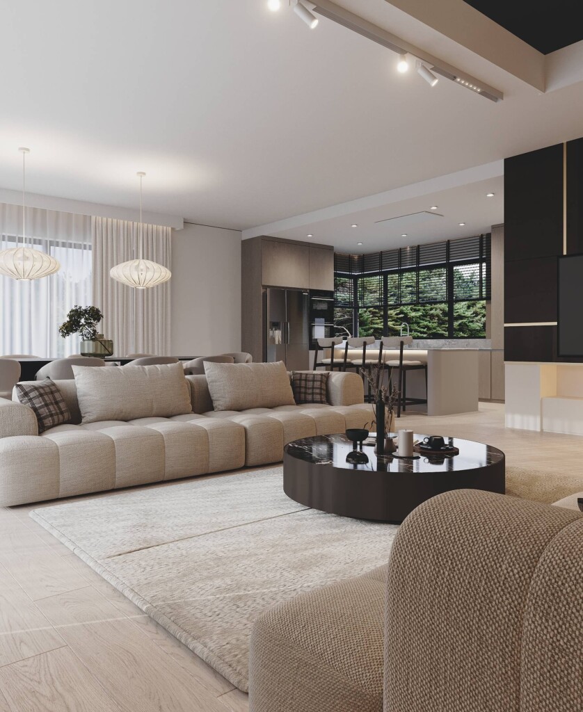 Projekt strefy dziennej w domu 130m2 Łomża z dużym salonem, kuchnią z wyspą i jadalnią w jasnej stylistyce soft