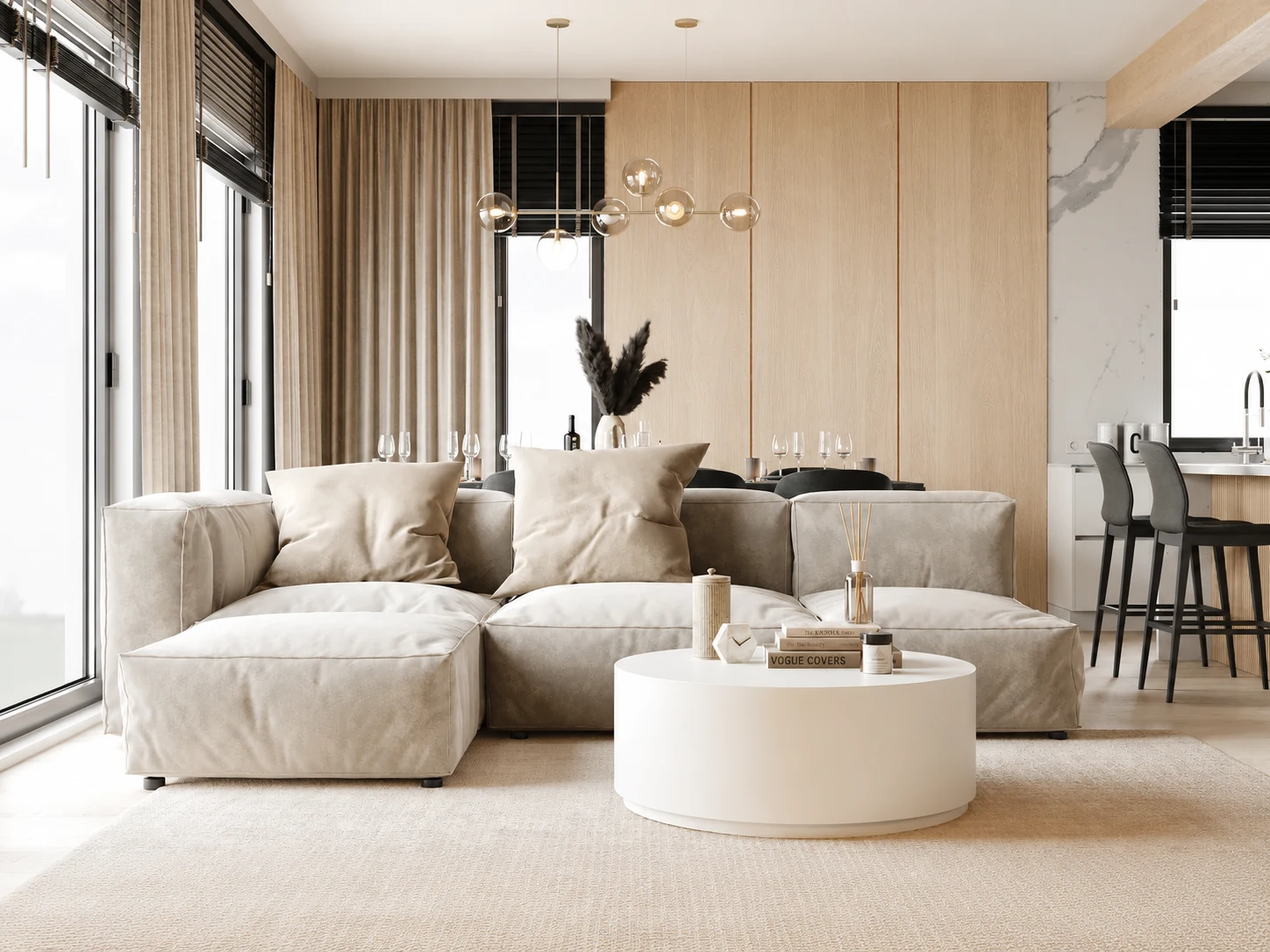 Projekt wnętrza mieszkania 90 m2 Spaniel na Mokotowie - jasne premium z salonem, kuchnią i jadalnią Golden Room