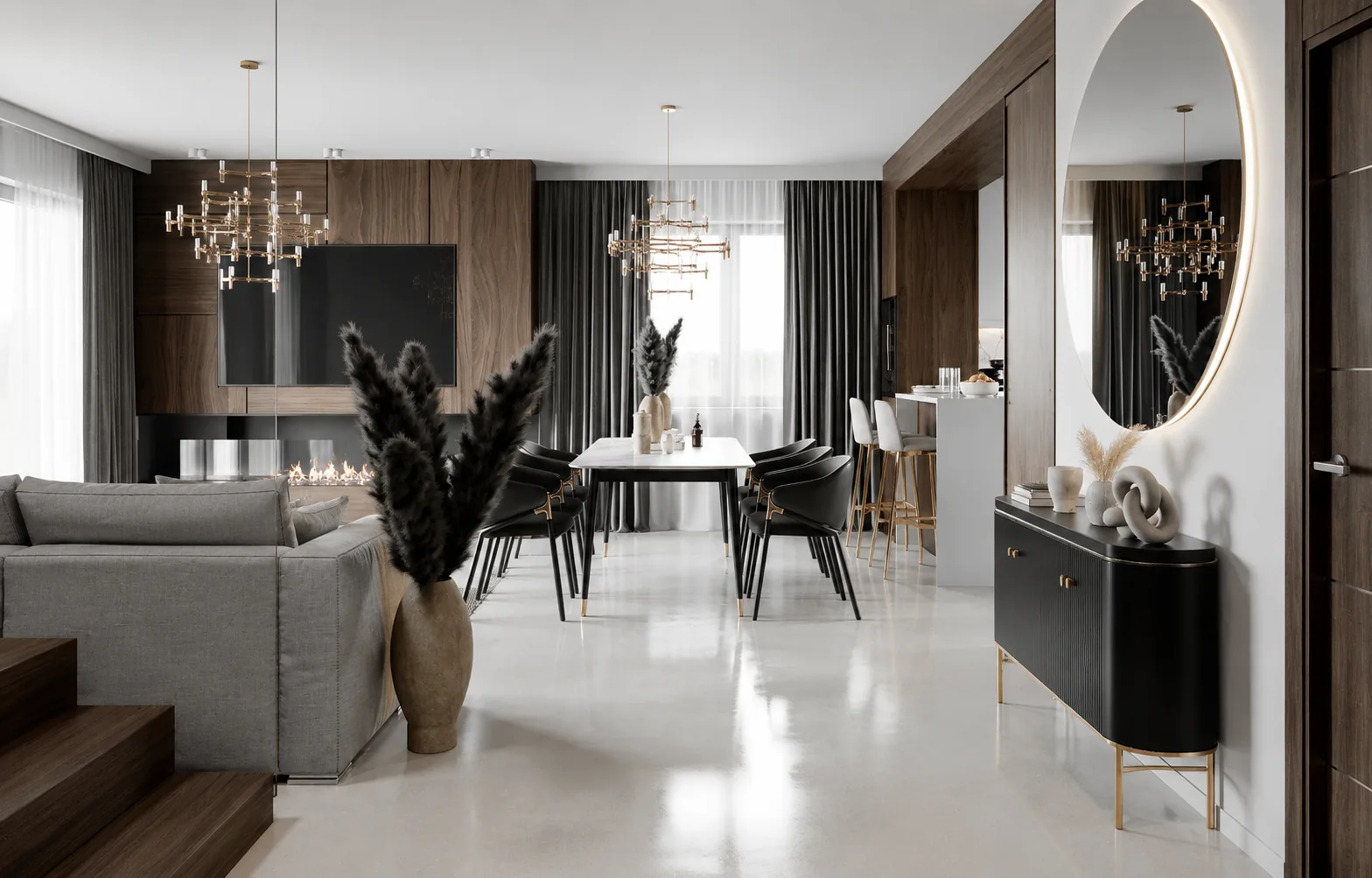 Projekt wnętrz 150 m² Dym - nowoczesne wnętrze domu z kominkiem, jasną strefą dzienną i minimalistyczną zabudową