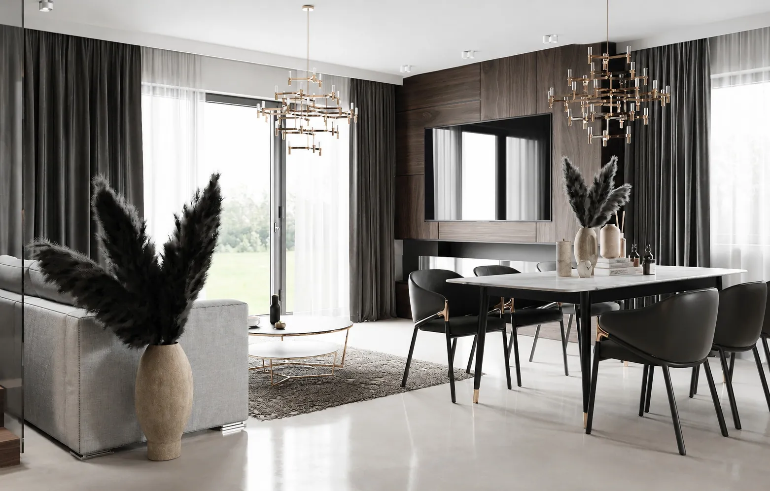 Projekt wnętrz 150 m2 Dym — ciemniejsze wnętrze szeregowca Golden Room z mocnym klimatem i dopracowanym światłem