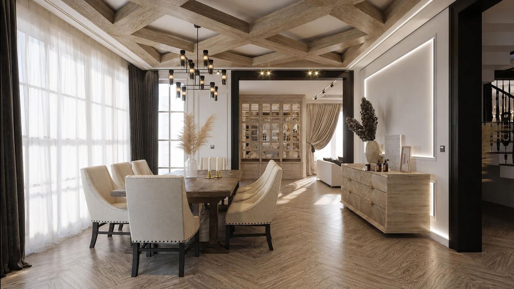 Projekt wnętrz 350 m² Brulée - jasne wnętrze domu premium z drewnem, jadalnią i reprezentacyjną strefą dzienną