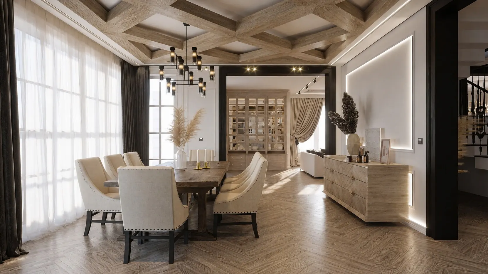 Projekt wnętrz 350 m2 Brulée — jadalnia z naturalnym drewnem Golden Room