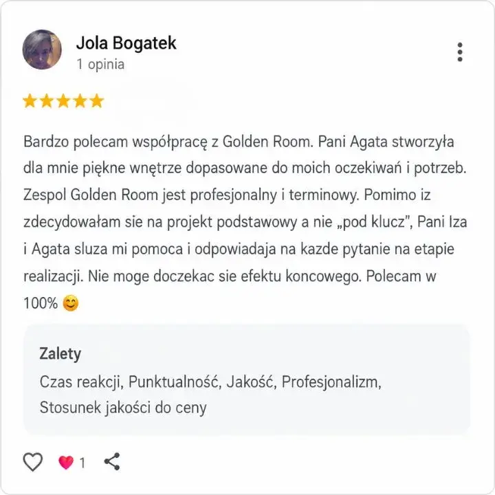 Pozytywna opinia klienta o projekcie wnętrza domu w Warszawie wykonanym przez Golden Room Architekci