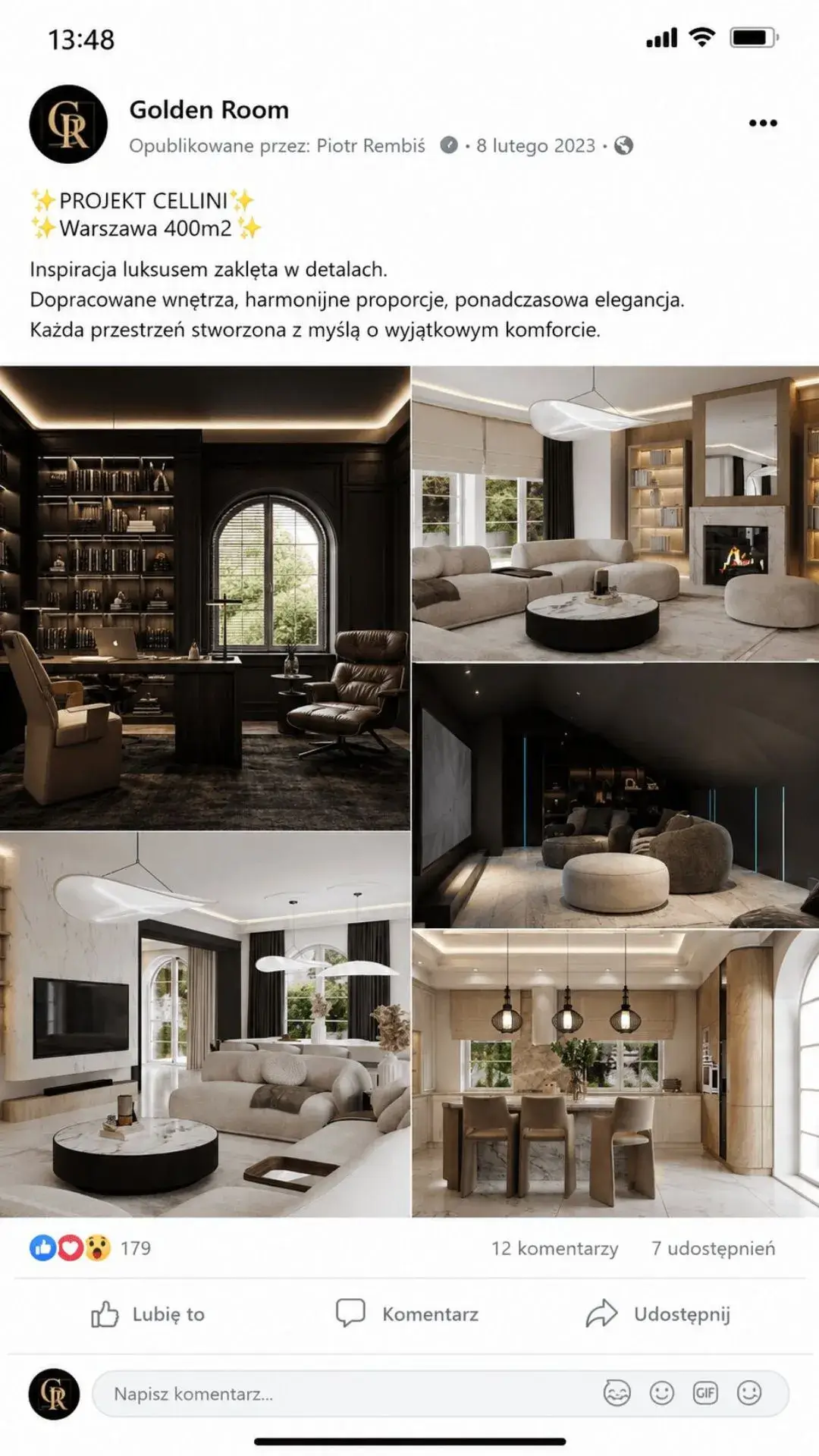 Projektowanie wnętrz Warszawa – aktualności i realizacje Golden Room na Facebooku