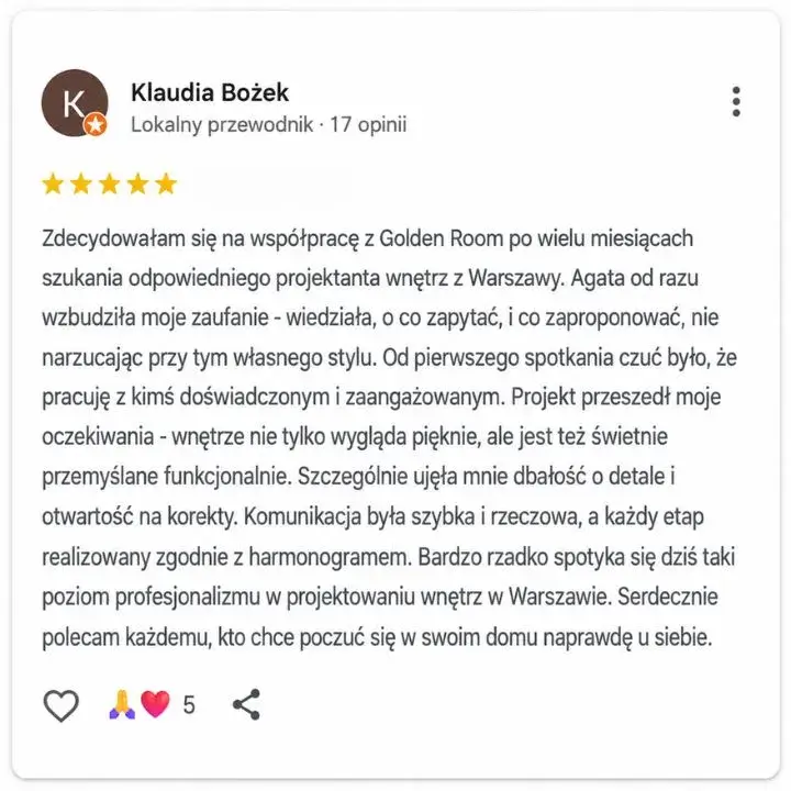 Recenzja klientki dotycząca projektowania wnętrz mieszkania w Warszawie przez Golden Room Architekci