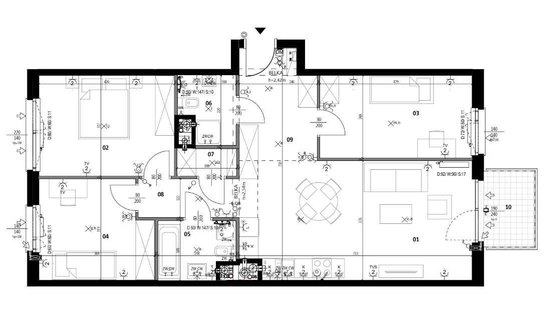 Rzut deweloperski mieszkania 90 m2 na Woli przed zmianami w projekcie Noor