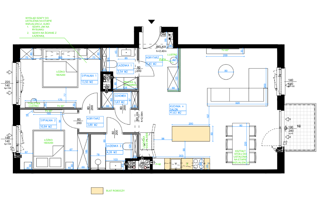 Układ funkcjonalny mieszkania 90 m2 na Woli po zmianach - projekt Noor