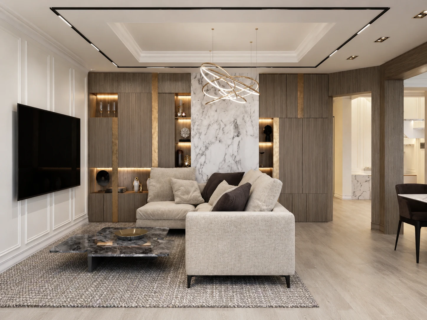 Projekt wnętrza domu 80 m2 Takt - salon soft luxury z kamieniem, fornirem i jasną sofą na Bielanach
