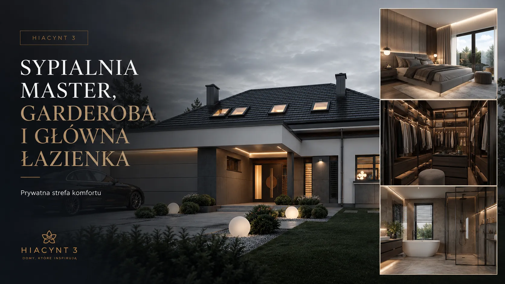 Hiacynt 3 - sypialnia z garderobą i łazienką master | Golden Room Hiacynt 3 - sypialnia master, garderoba i główna łazienka - aranżacja wnętrza Golden Room