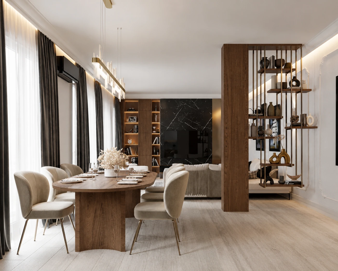 Projekt wnętrza apartamentu 120 m2 Czekolada - jadalnia przy salonie w stylu quiet luxury na Wilanowie