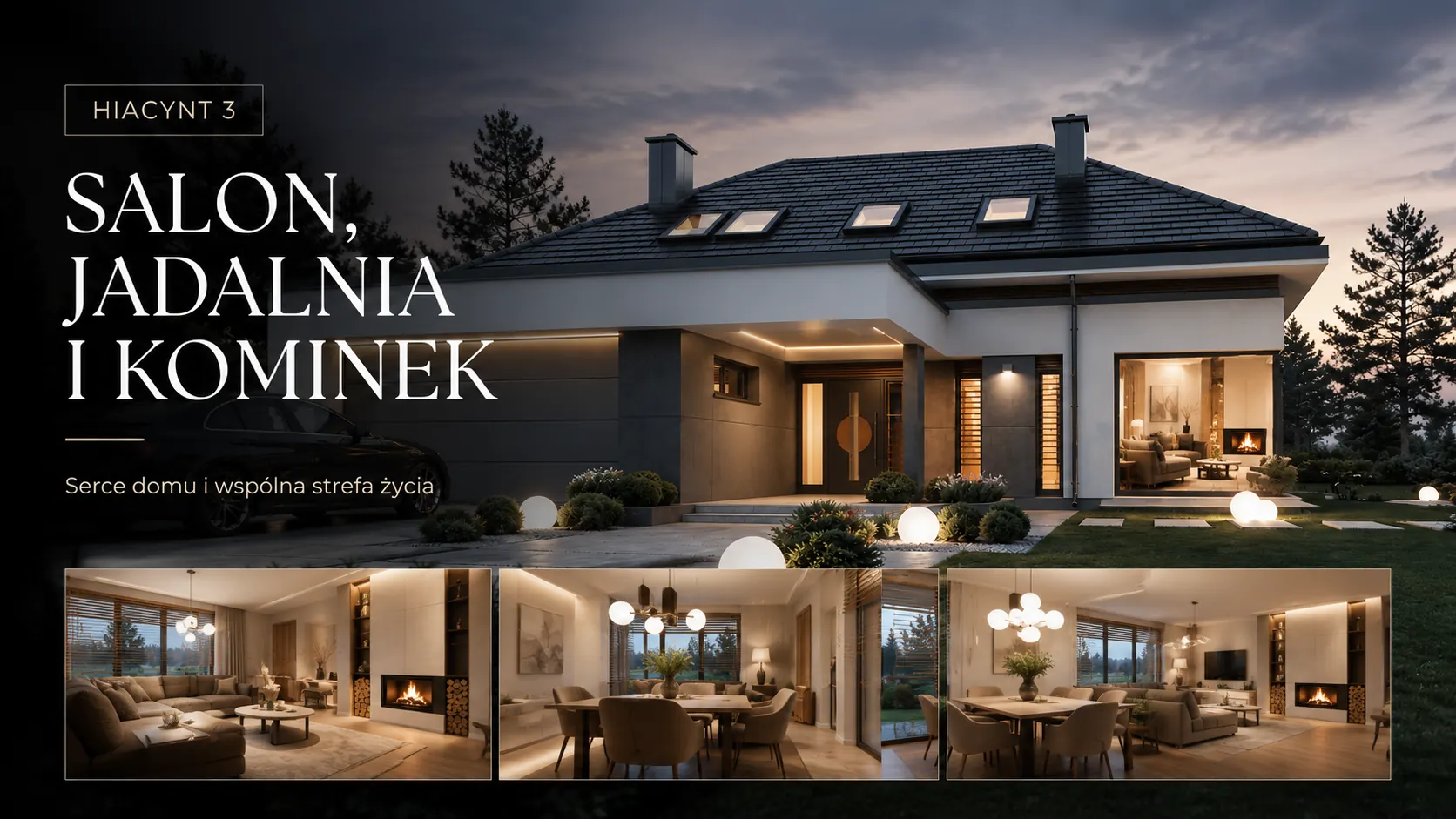 Hiacynt 3 - aranżacja salonu, jadalni i kominka w projekcie domu | Golden Room Projekt domu Hiacynt 3 - salon, jadalnia i kominek, aranżacja wnętrza | Golden Room