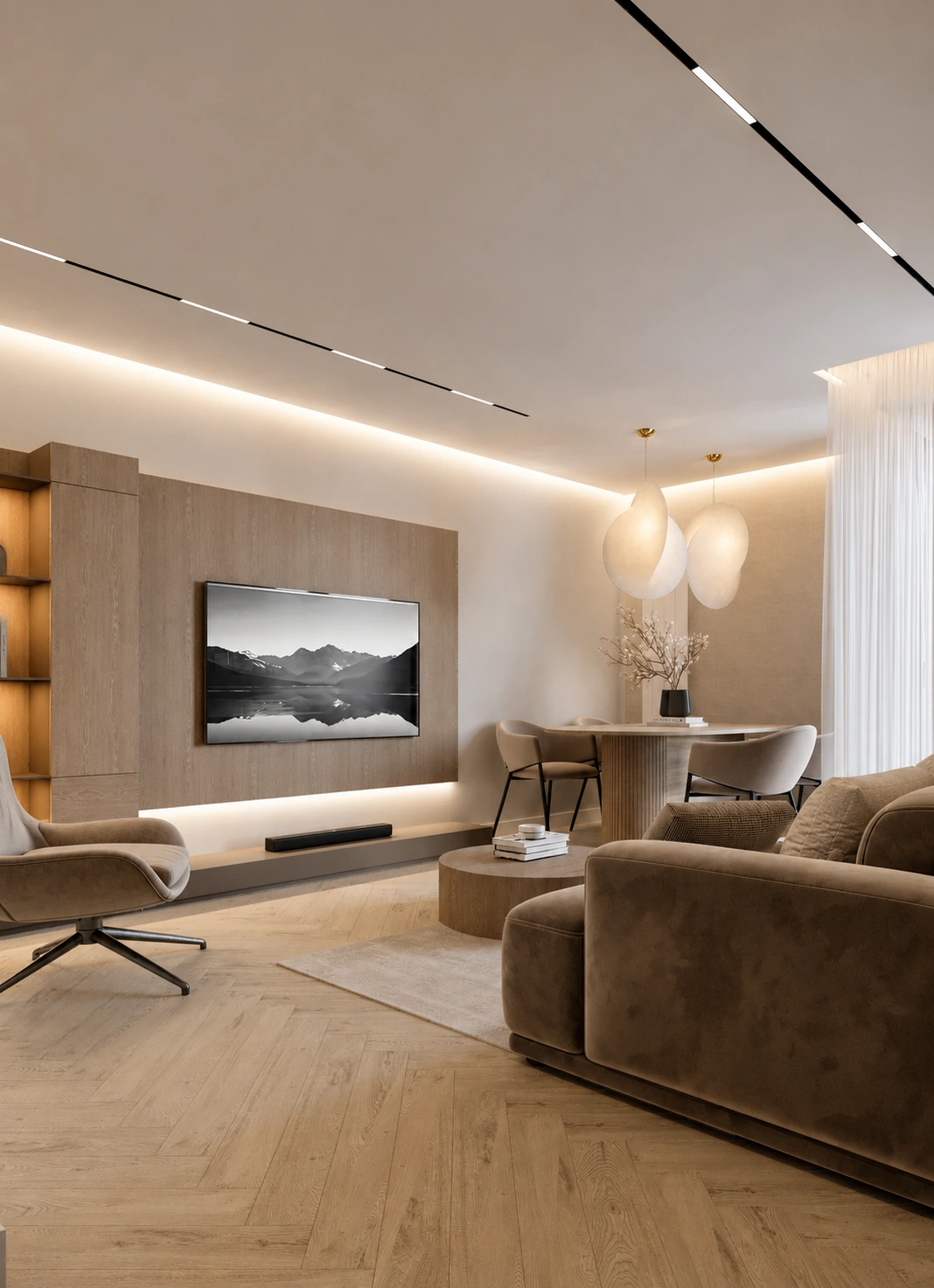 Projekt mieszkania 70 m2 Mokka - salon na Bielanach ze ścianą TV i kinem domowym