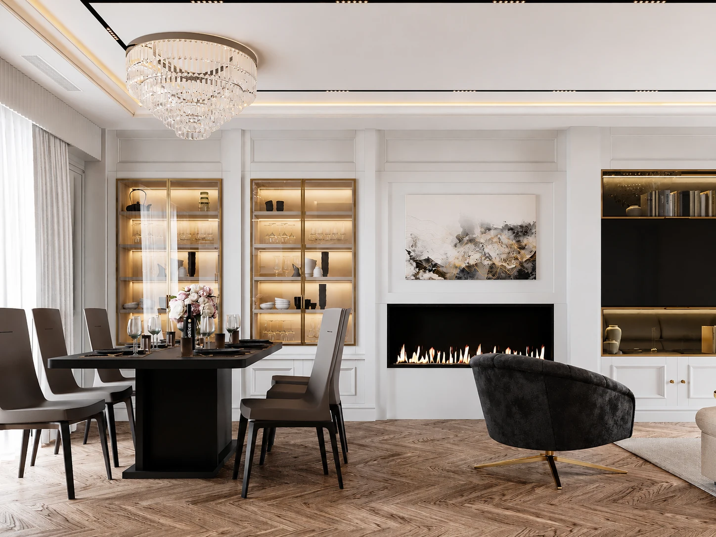 Projekt wnętrza rezydencji 350 m2 Croissant - salon z jadalnią, kominkiem i sztukaterią w stylu modern classic
