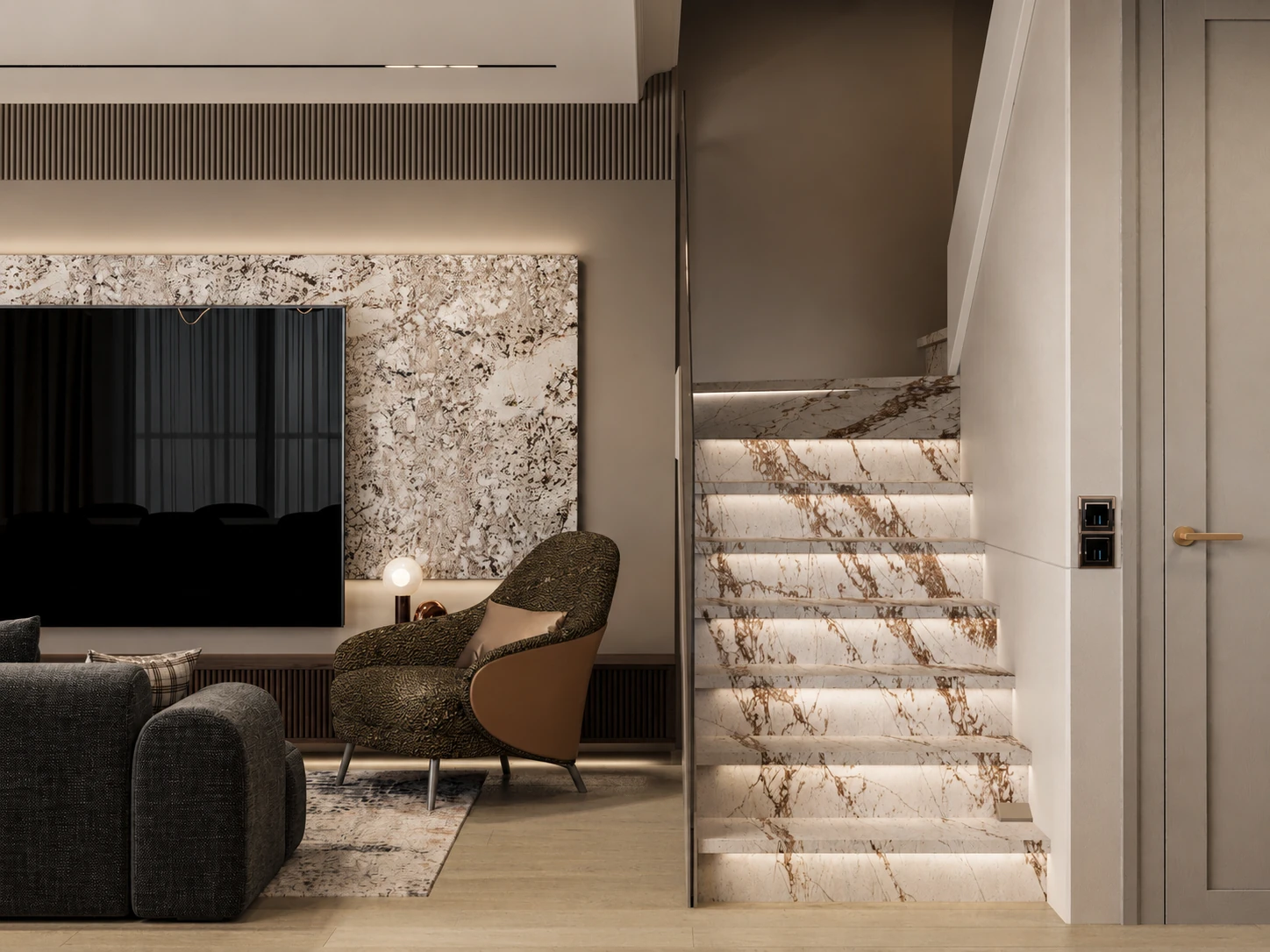 Projekty wnętrz Golden Room - segment 130 m2 Nacre w jasnej eleganckiej stylistyce