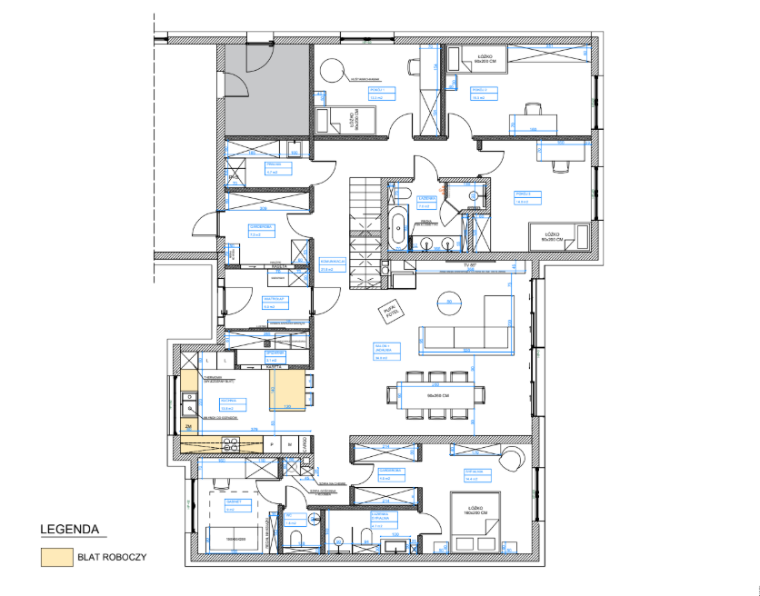 Rzut funkcjonalny domu 260 m2 w Łazach koło Warszawy, projekt układu dla dużej rodziny, Golden Room Agata Rembiś