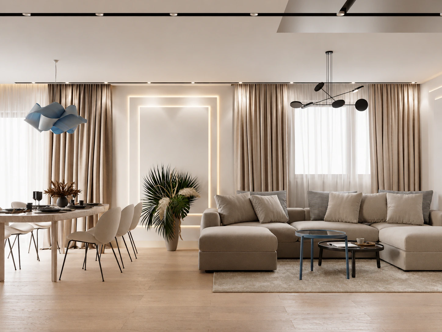 Projekt wnętrza apartamentu 120 m2 Krzem na Wilanowie Projekt wnętrza apartamentu 120 m2 na Wilanowie Krzem – salon z jadalnią