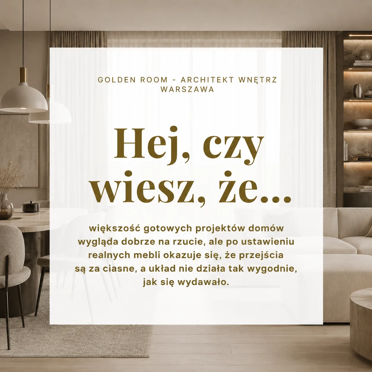 Grafika Golden Room o analizie układu funkcjonalnego gotowego projektu domu po ustawieniu rzeczywistych mebli.