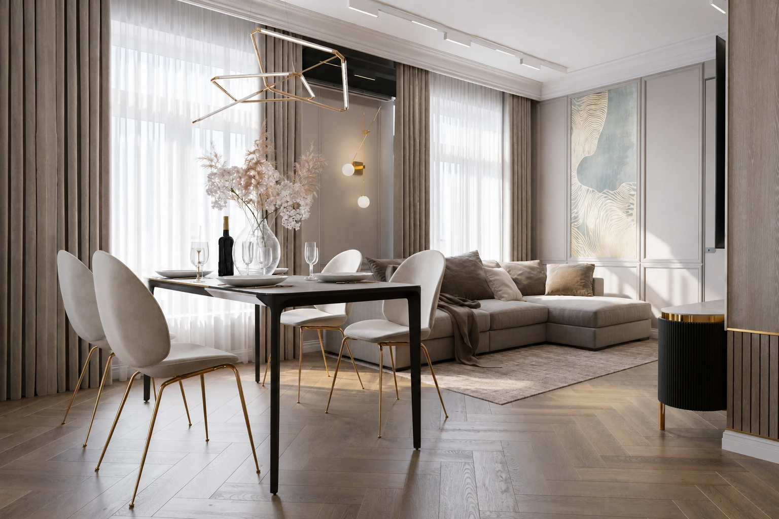 Projekt domu 125 m2 soft glamour Wilanów - salon i jadalnia Projekt domu 125 m2 soft glamour na Wilanowie - salon połączony z jadalnią