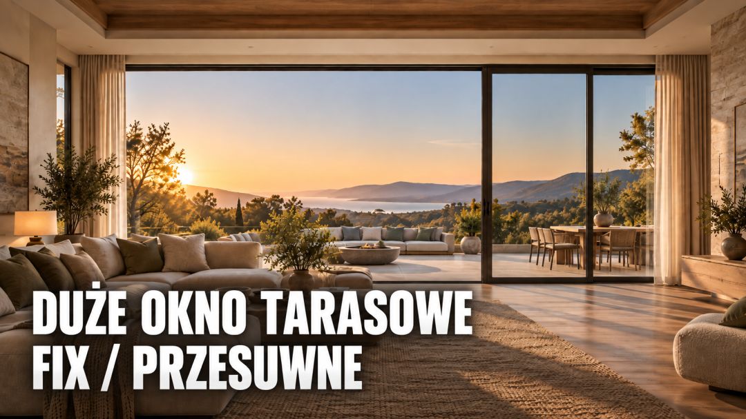 Duże okno tarasowe – FIX czy przesuwne w salonie Duże okno tarasowe FIX czy przesuwne – salon z dużym przeszkleniem i wyjściem na taras