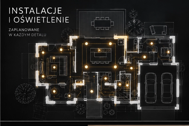 Instalacje i oświetlenie w projekcie wnętrza domu katalogowego Projekt wnętrza domu katalogowego – instalacje elektryczne, hydraulika i oświetlenie