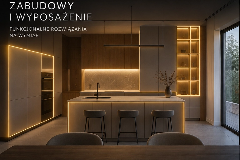 Zabudowy i wyposażenie w projekcie wnętrza domu katalogowego Projekt wnętrza domu katalogowego – zabudowy meblowe, kuchnia i wyposażenie na wymiar