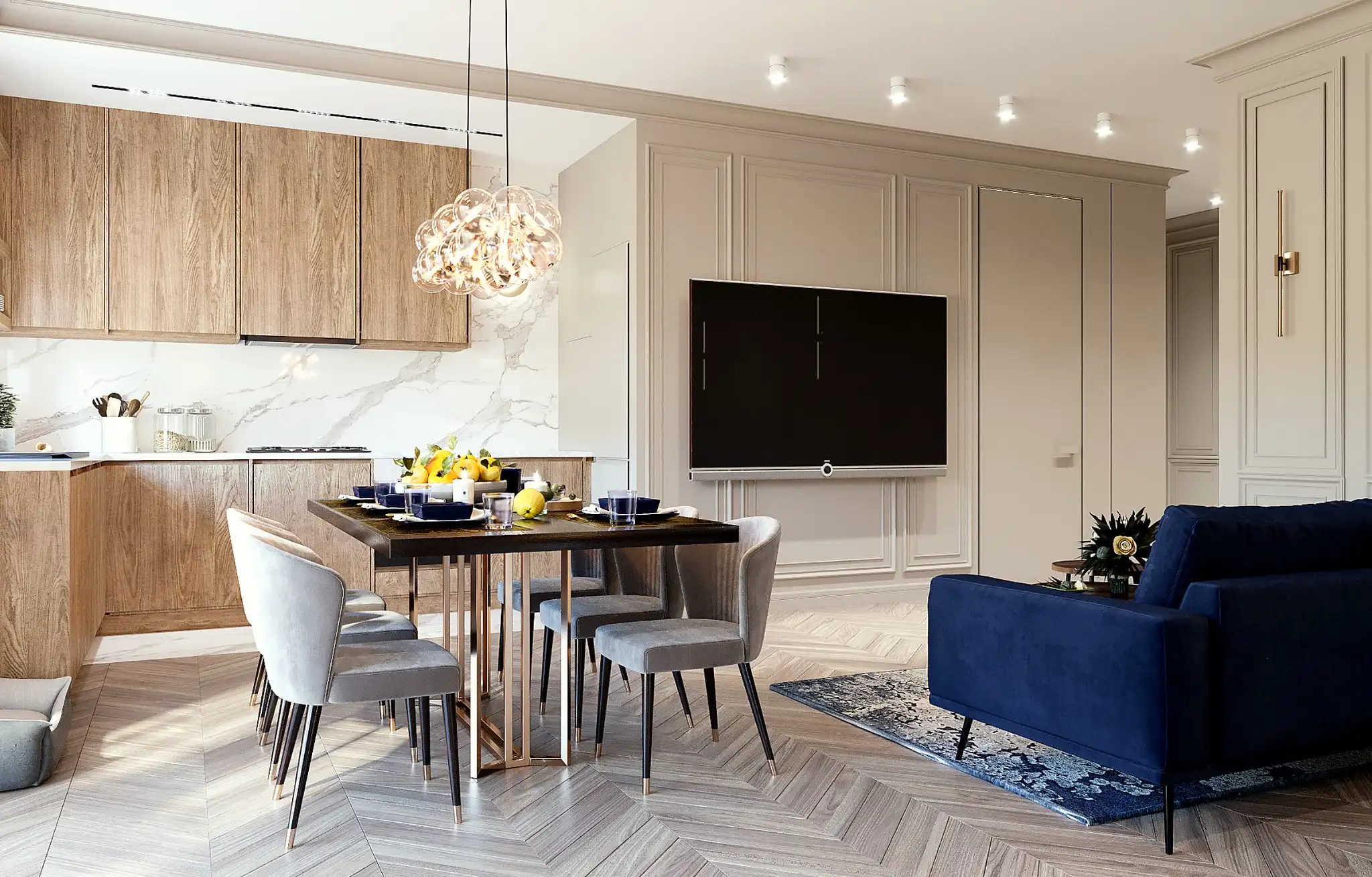 Projekt wnętrza 70 m2 Praga-Północ – jadalnia i strefa TV w stylu modern classic
