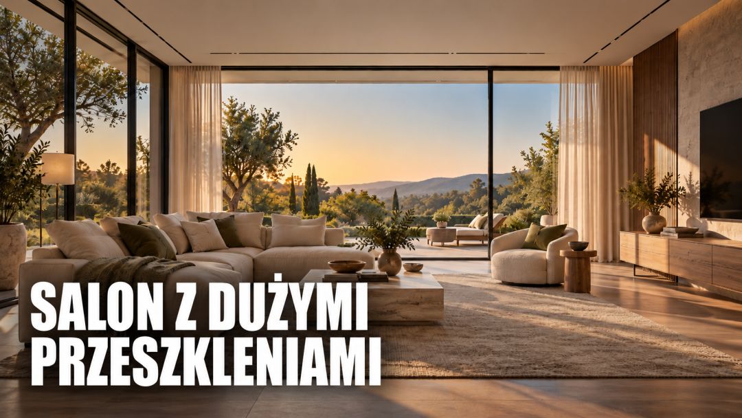 Salon z dużymi przeszkleniami – nowoczesny salon z dużymi oknami i widokiem na ogród