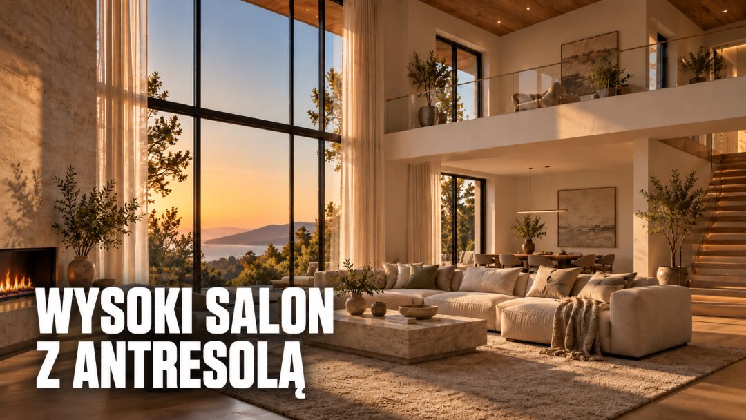 Wysoki salon z antresolą – wysokość i proporcje wnętrza Wysoki salon z antresolą – przestronny salon z wysokimi przeszkleniami i antresolą